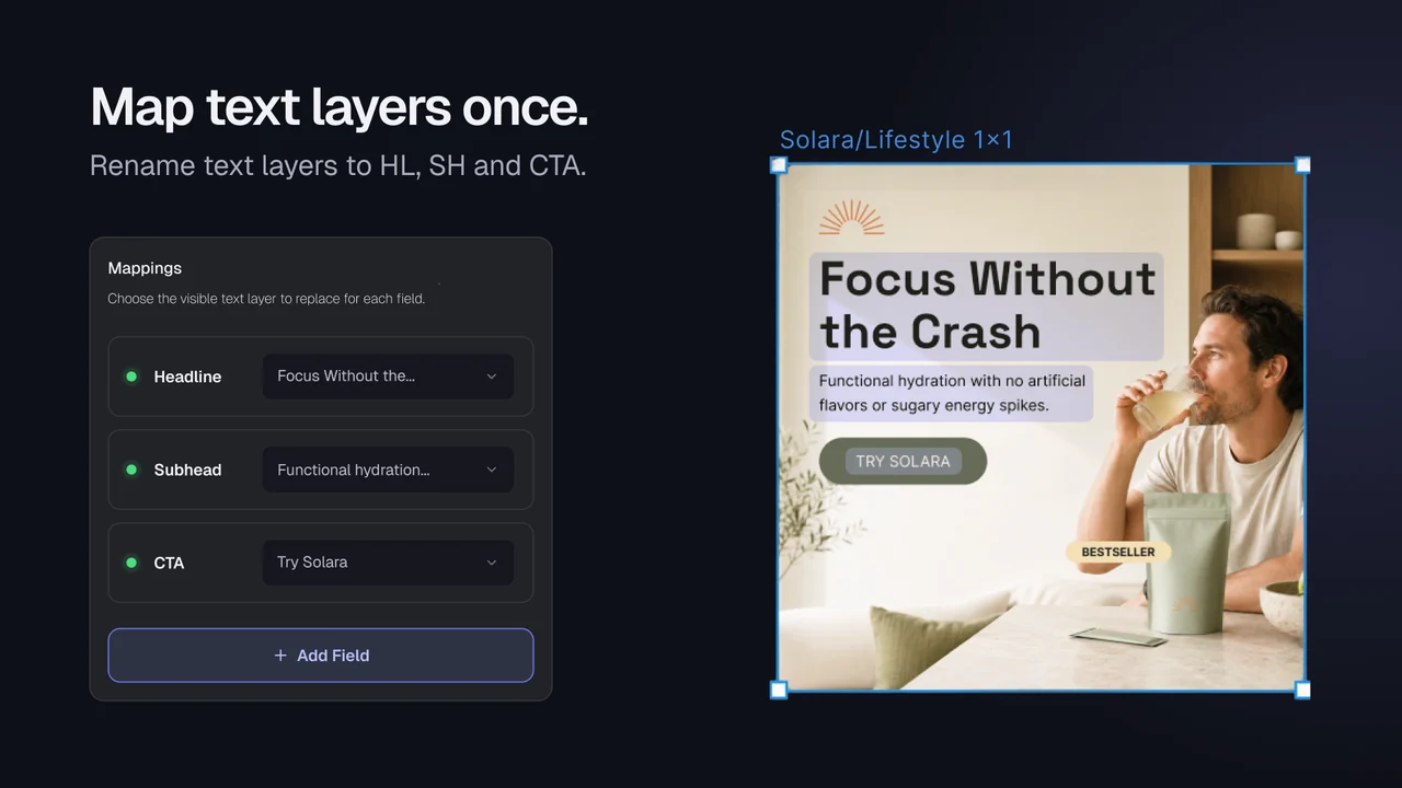 Variate layer-mapping interface linking headline, subhead, and CTA fields to a Figma design.