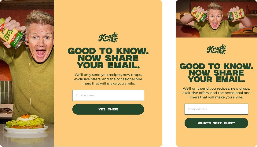 Desktop and mobile Krude email signup designs for active markets.