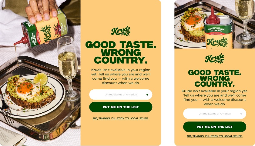 Desktop and mobile Krude pre-registration designs for markets awaiting availability.