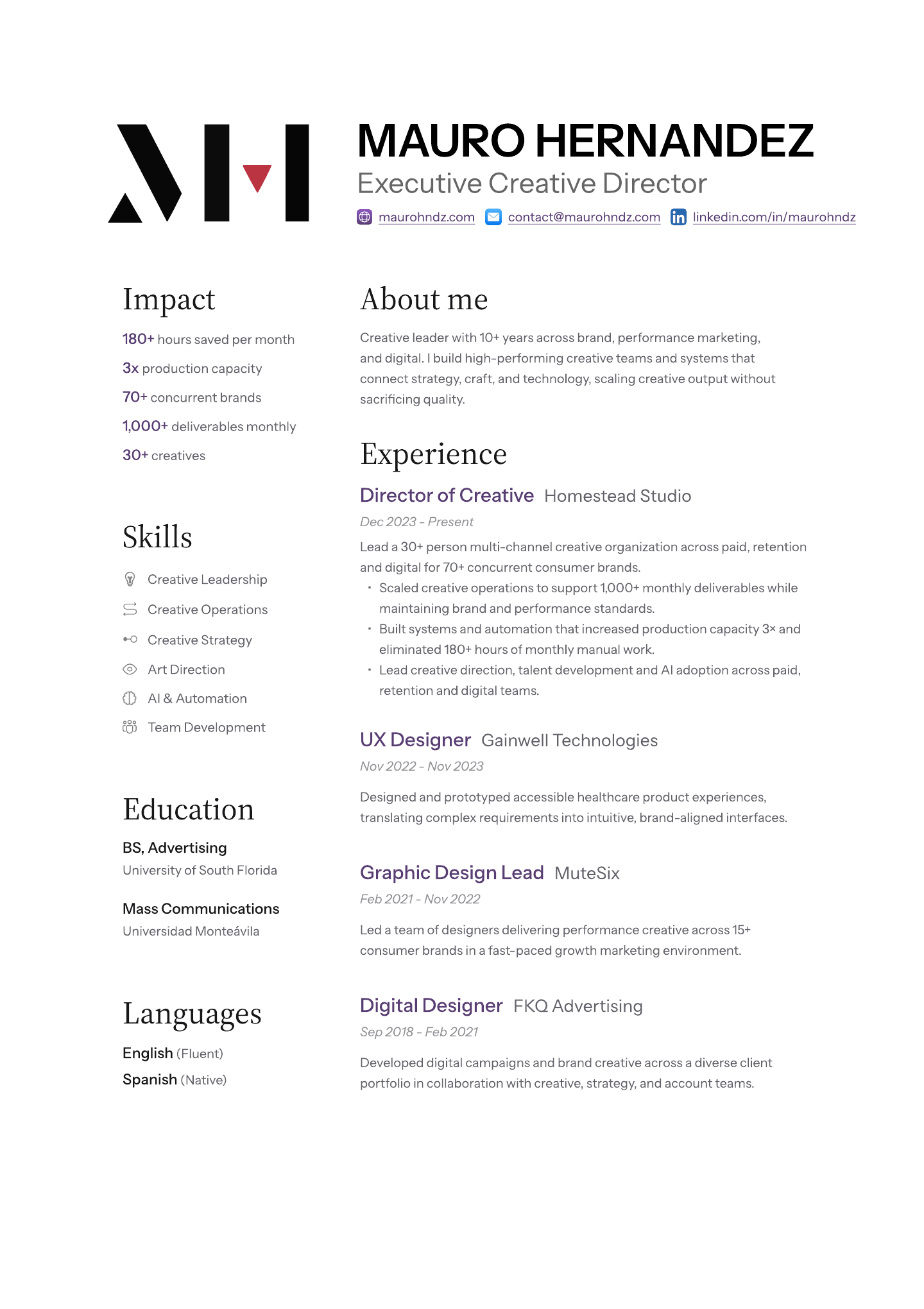 Mauro Hernandez's resume. A text transcription follows for screen readers.